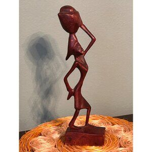 African Hand Carved Wood Woman Carrying Basket on Head Ethnic 6.5"